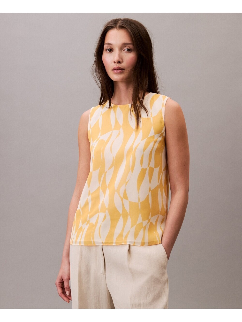 Calvin Klein Womens Printed Chiffon Sleeve Lemon Amber XS